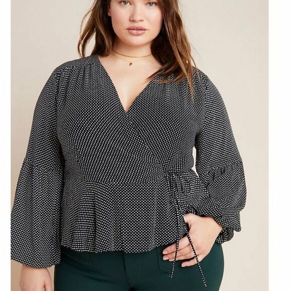 NWT Anthro Maeve Ingrid Polka Dot Wrap Front Tie Long Sleeve Top/Blouse - Picture 1 of 13
